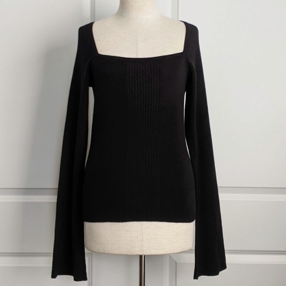 Frame Denim Sweaters - Frame Sweater Silk Blend Bell Sleeve Square Neck Rib Knit Fitted Black L NWT